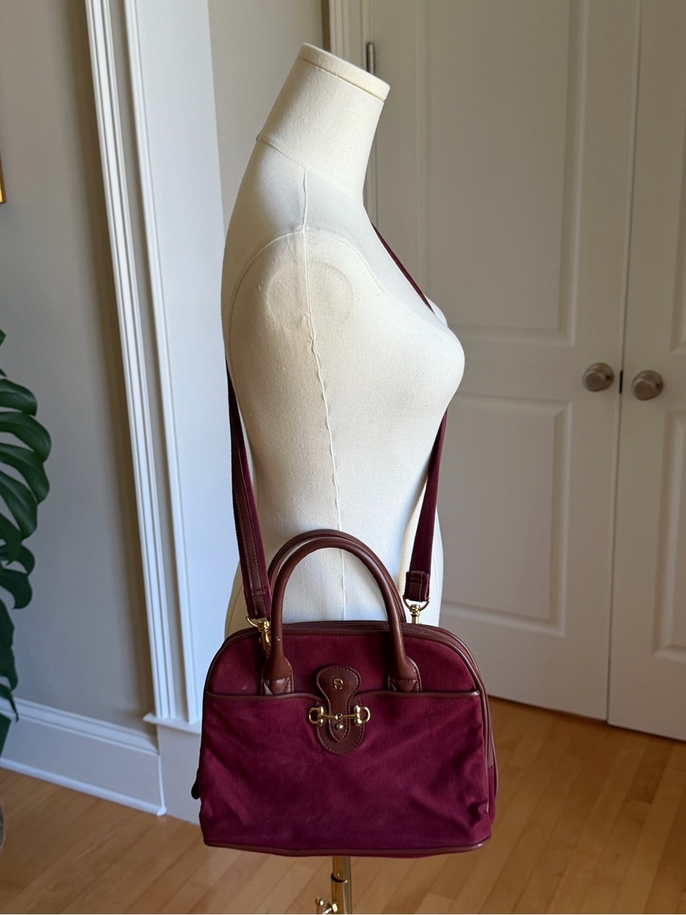 Etienne Aigner Burgundy Canvas Satchel with Brown Leather Trim